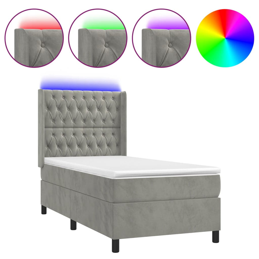 Boxspring Met Matras En Led Fluweel Lichtgrijs 90 x 190 cm Getuft ontwerp