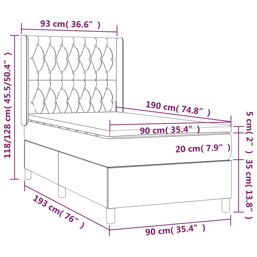 Boxspring Met Matras En Led Fluweel Lichtgrijs 90 x 190 cm Getuft ontwerp