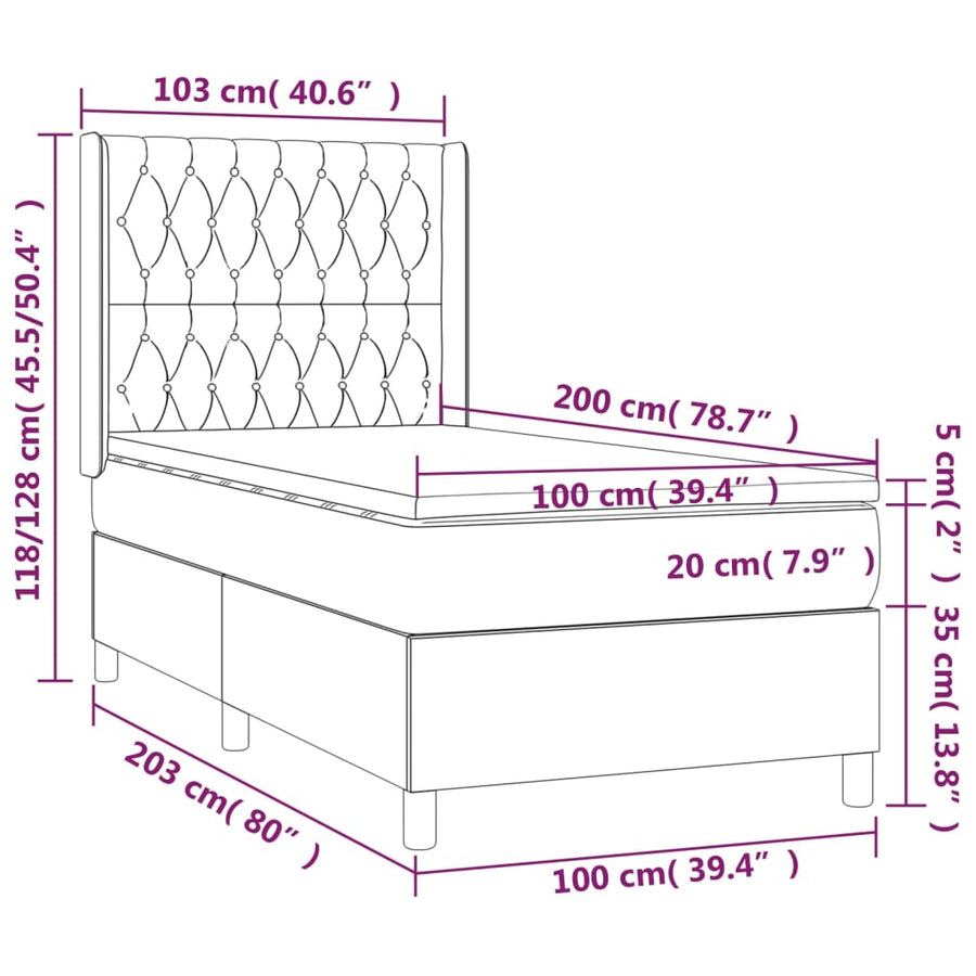 Boxspring Met Matras En Led Fluweel Lichtgrijs 100 x 200 cm Getuft ontwerp