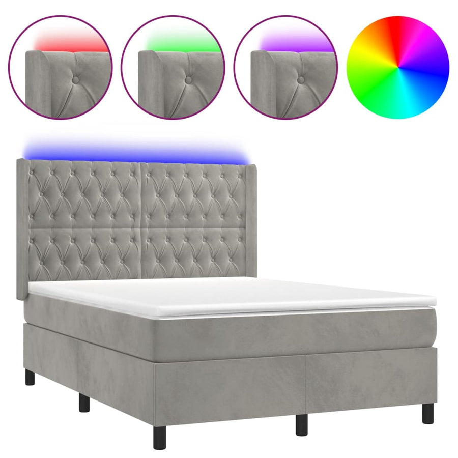 Boxspring Met Matras En Led Fluweel Lichtgrijs 140 x 190 cm Getuft ontwerp