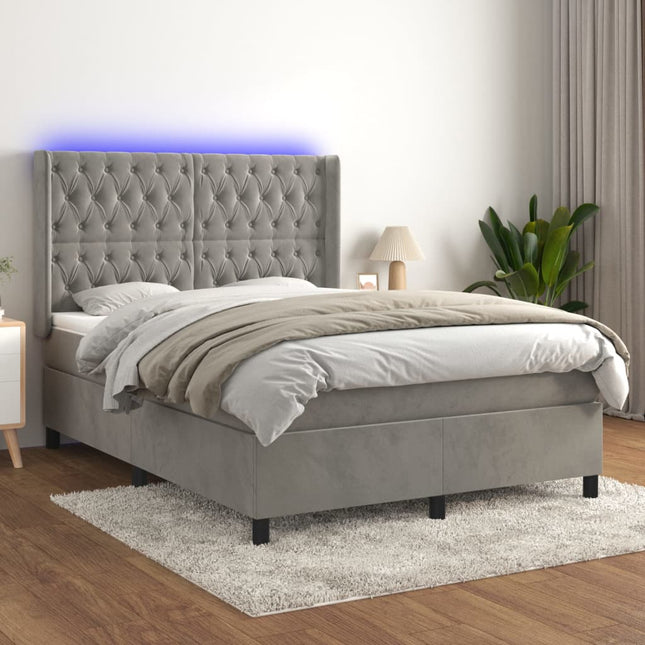 Boxspring Met Matras En Led Fluweel Lichtgrijs 140 x 190 cm Getuft ontwerp