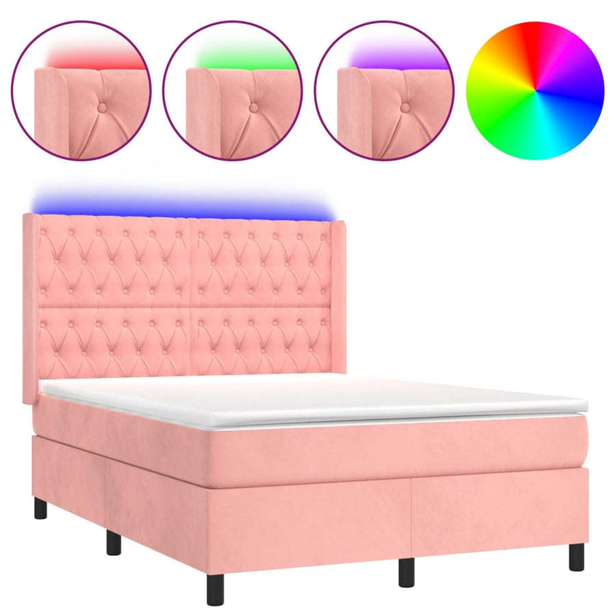 Boxspring Met Matras En Led Fluweel Roze 140 x 190 cm Getuft ontwerp