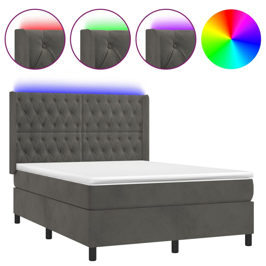 Boxspring Met Matras En Led Fluweel Donkergrijs 140 x 200 cm Getuft ontwerp