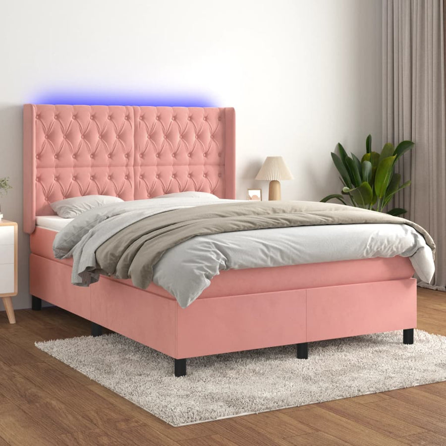 Boxspring Met Matras En Led Fluweel Roze 140 x 200 cm Getuft ontwerp