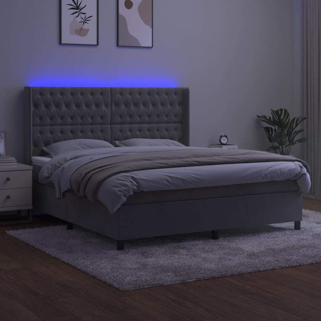 Boxspring Met Matras En Led Fluweel Lichtgrijs 160 x 200 cm Getuft ontwerp