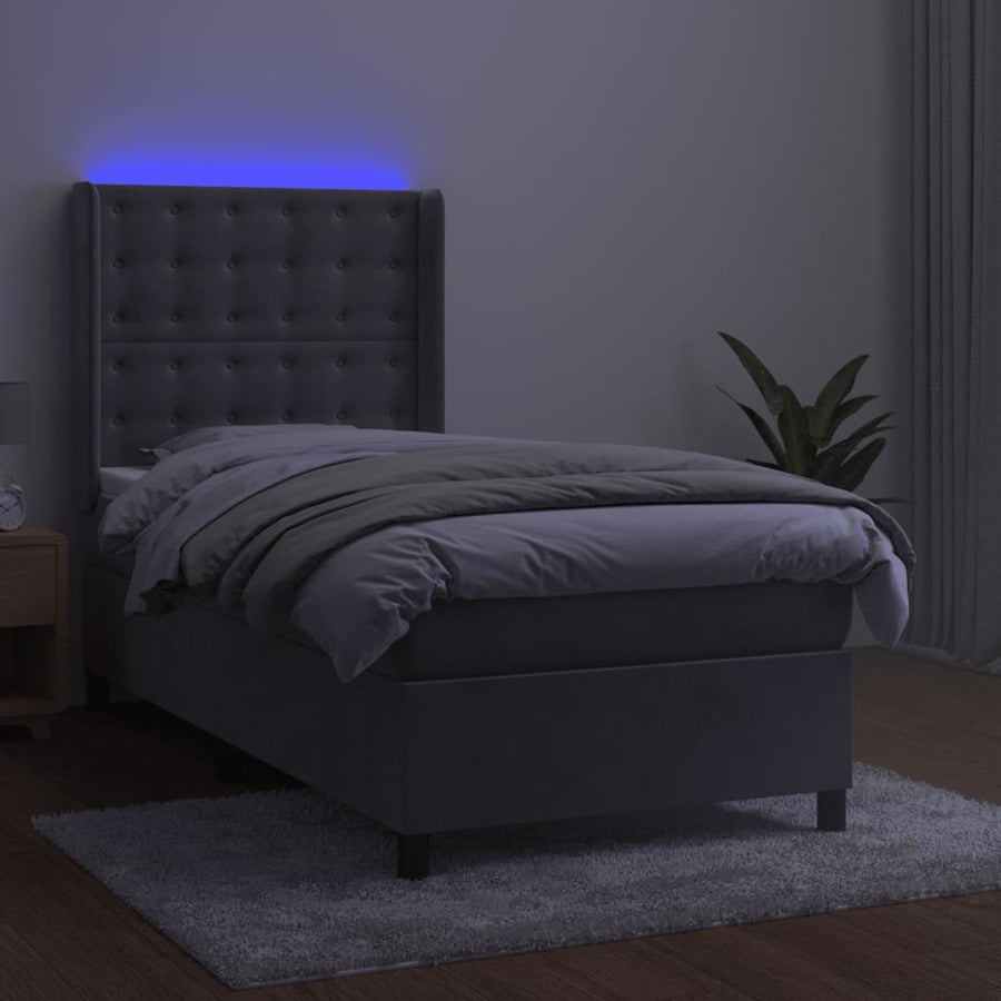 Boxspring Met Matras En Led Fluweel Lichtgrijs 100 x 200 cm Knopen
