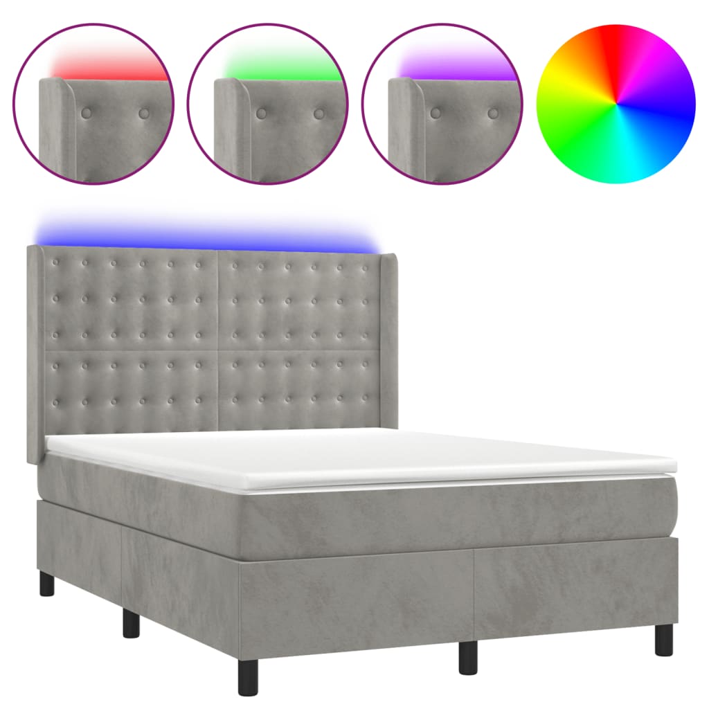 Boxspring Met Matras En Led Fluweel Lichtgrijs 140 x 190 cm Knopen