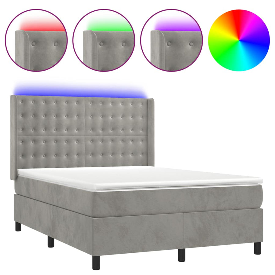 Boxspring Met Matras En Led Fluweel Lichtgrijs 140 x 190 cm Knopen