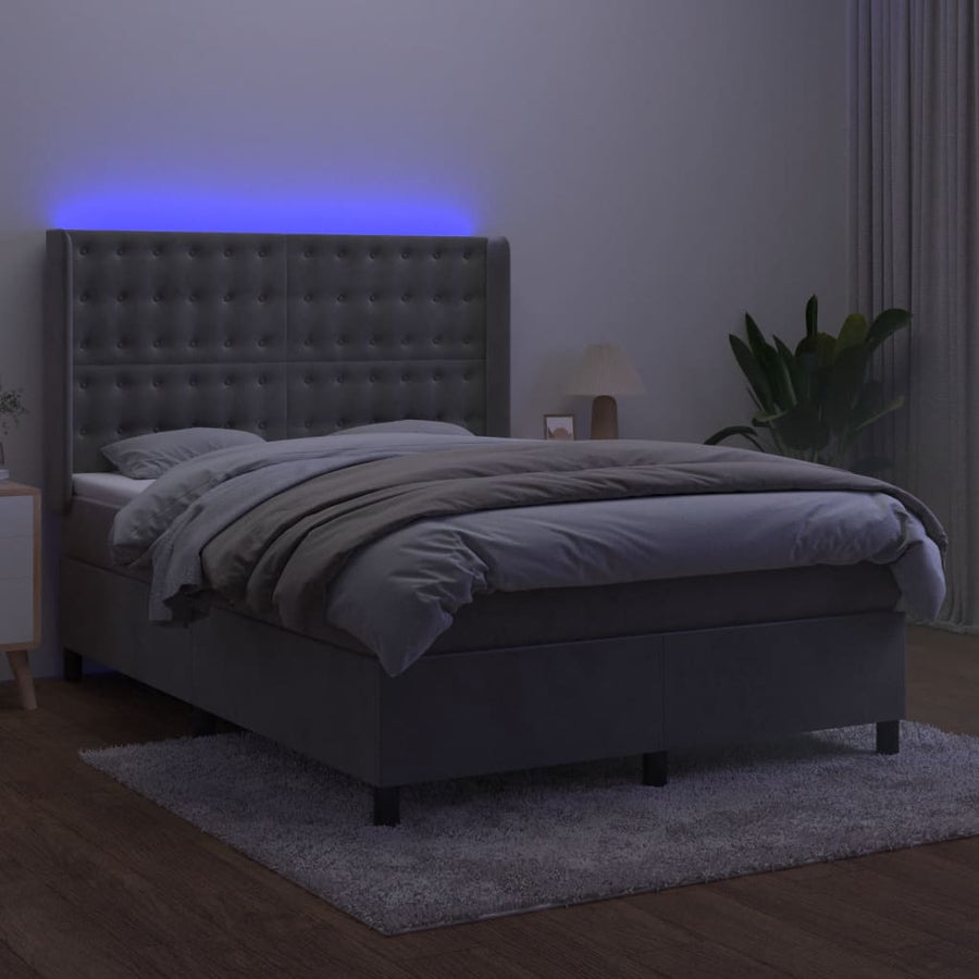 Boxspring Met Matras En Led Fluweel Lichtgrijs 140 x 190 cm Knopen