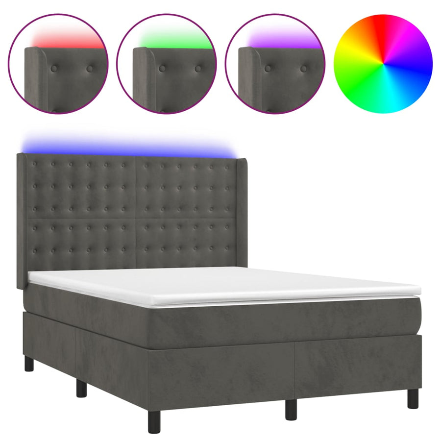 Boxspring Met Matras En Led Fluweel Donkergrijs 140 x 190 cm Knopen