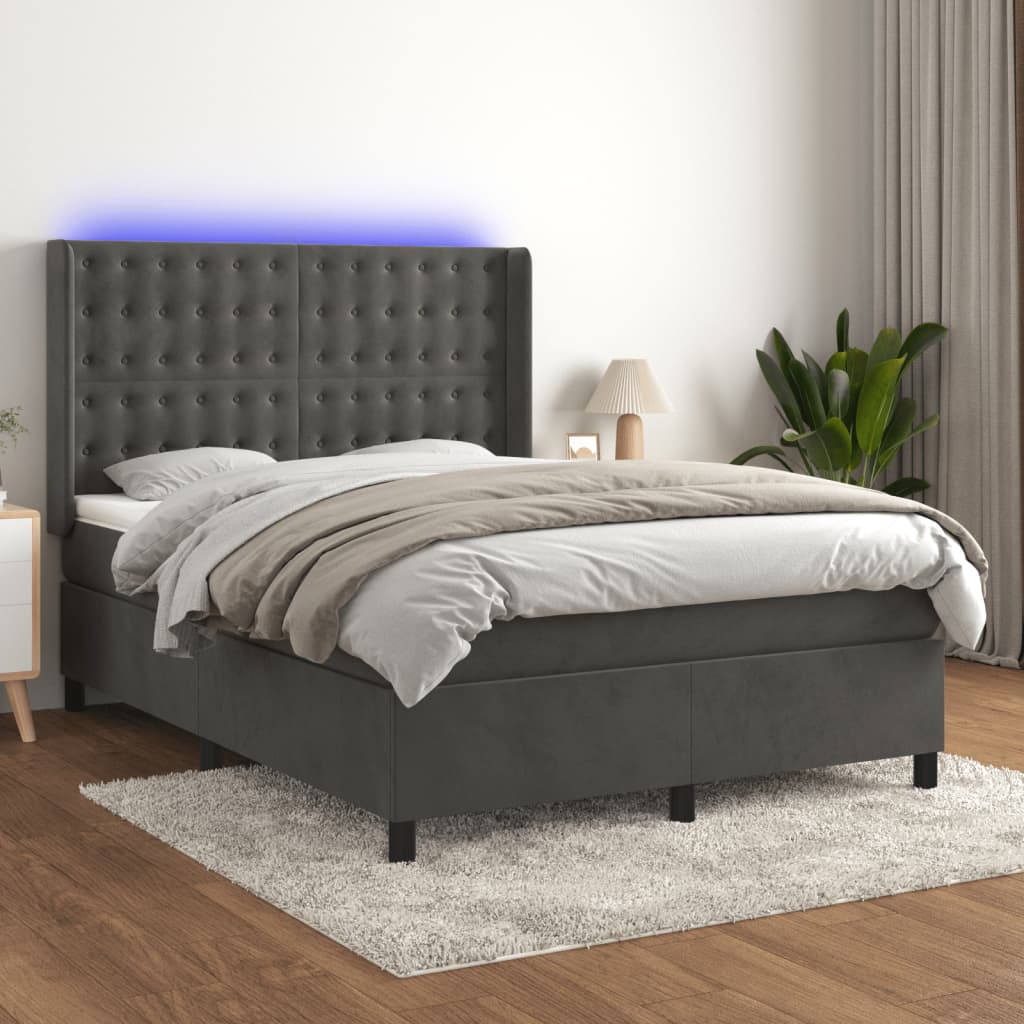 Boxspring Met Matras En Led Fluweel Donkergrijs 140 x 190 cm Knopen