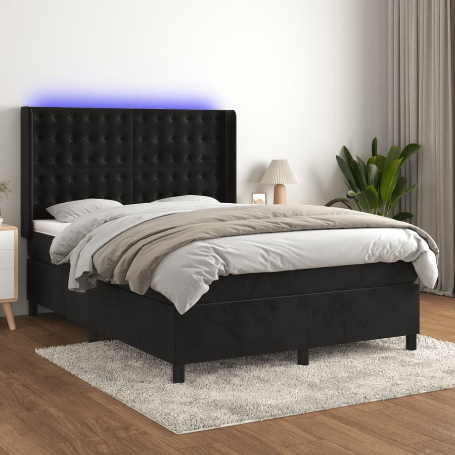 Boxspring Met Matras En Led Fluweel Zwart 140 x 190 cm Knopen