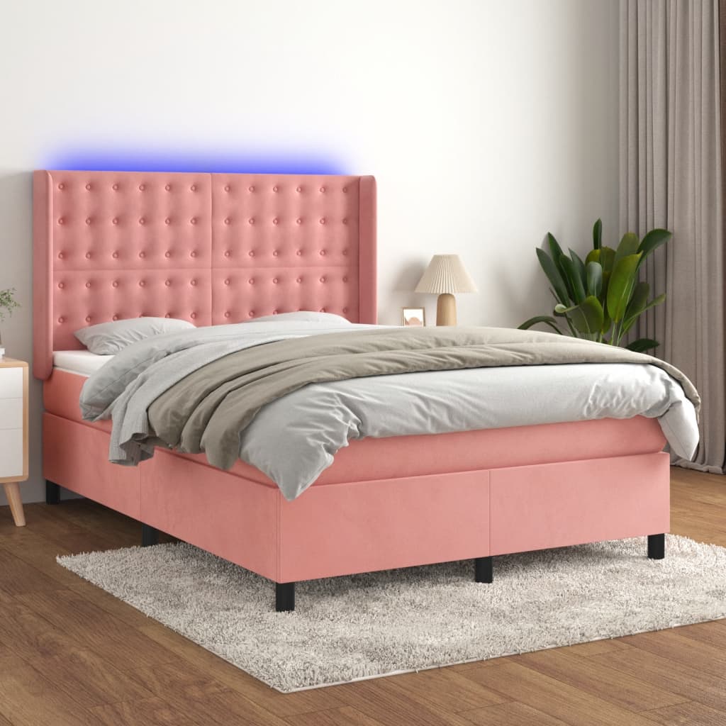 Boxspring Met Matras En Led Fluweel Roze 140 x 190 cm Knopen