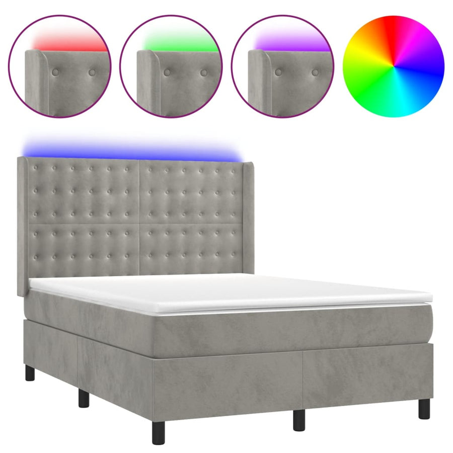 Boxspring Met Matras En Led Fluweel Lichtgrijs 140 x 200 cm Knopen