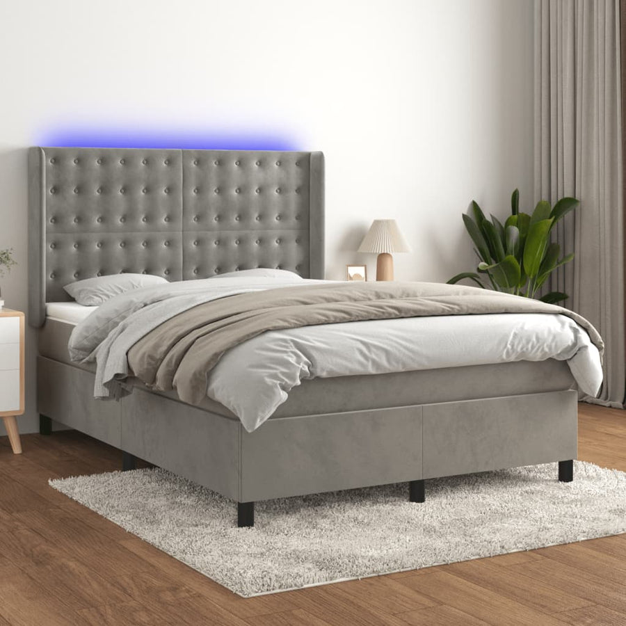Boxspring Met Matras En Led Fluweel Lichtgrijs 140 x 200 cm Knopen