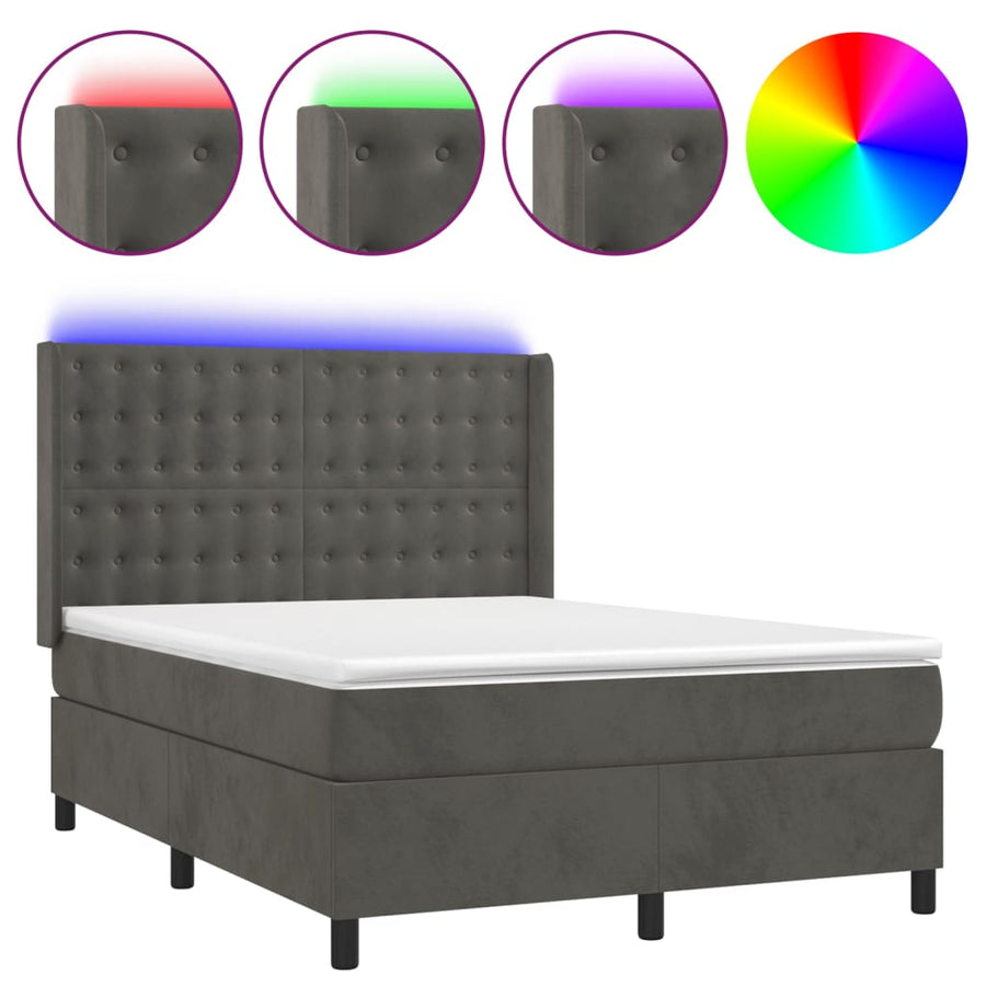 Boxspring Met Matras En Led Fluweel Donkergrijs 140 x 200 cm Knopen