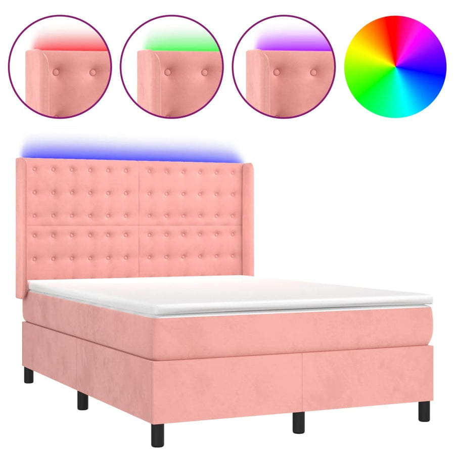 Boxspring Met Matras En Led Fluweel Roze 140 x 200 cm Knopen