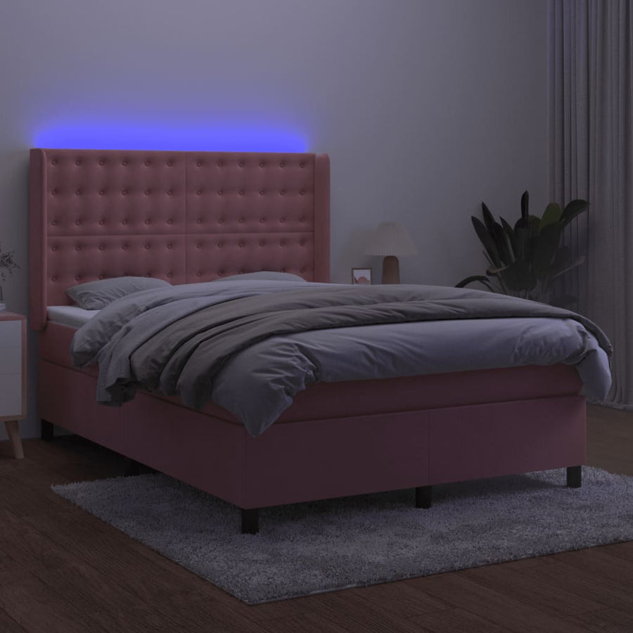 Boxspring Met Matras En Led Fluweel Roze 140 x 200 cm Knopen