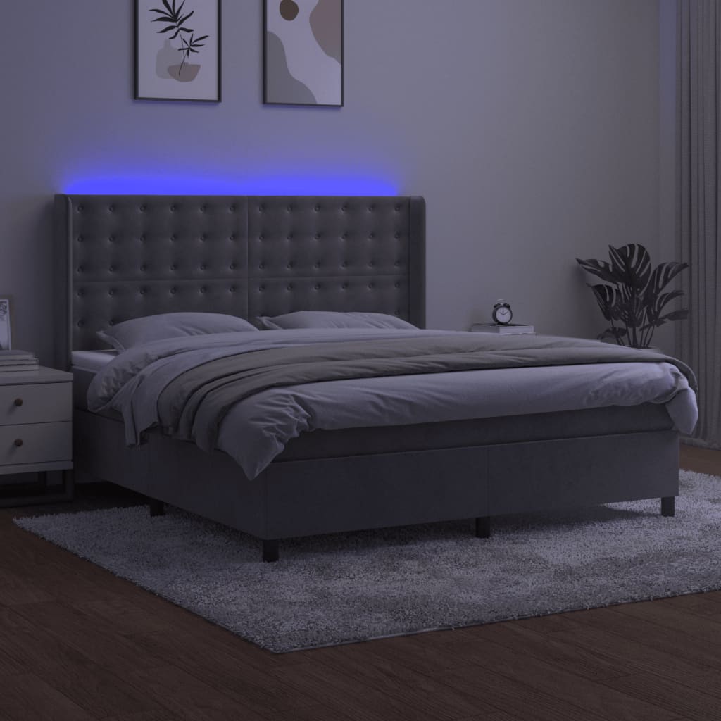 Boxspring Met Matras En Led Fluweel Lichtgrijs 160 x 200 cm Knopen