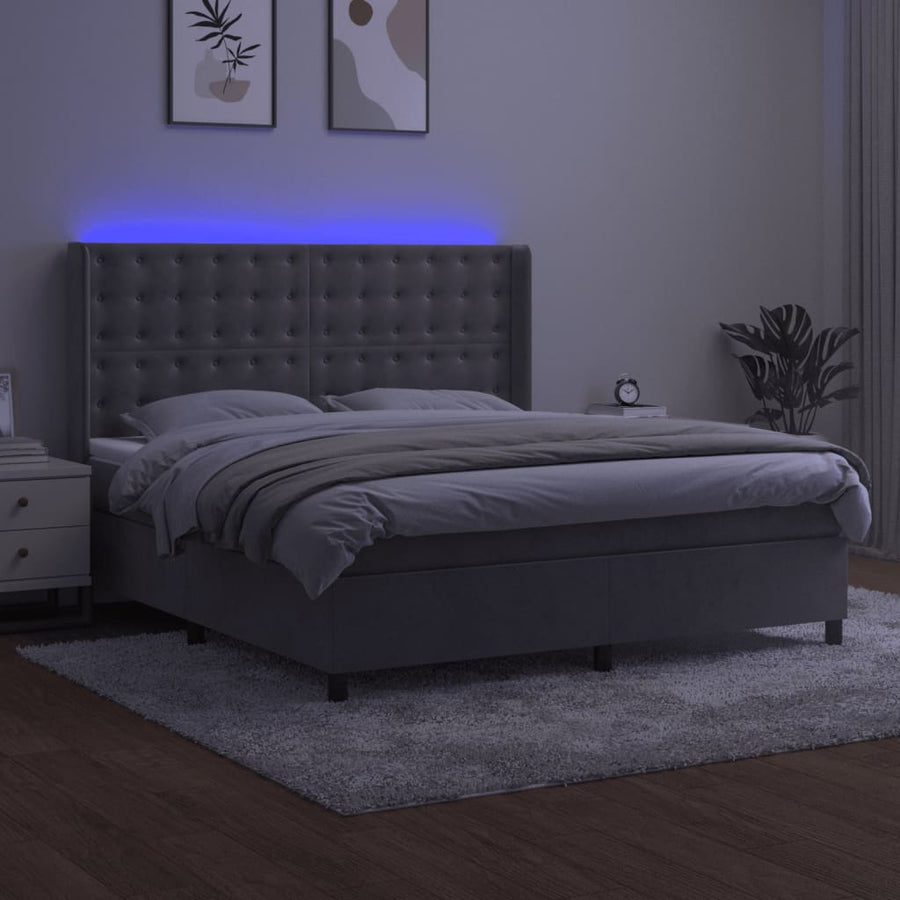 Boxspring Met Matras En Led Fluweel Lichtgrijs 160 x 200 cm Knopen