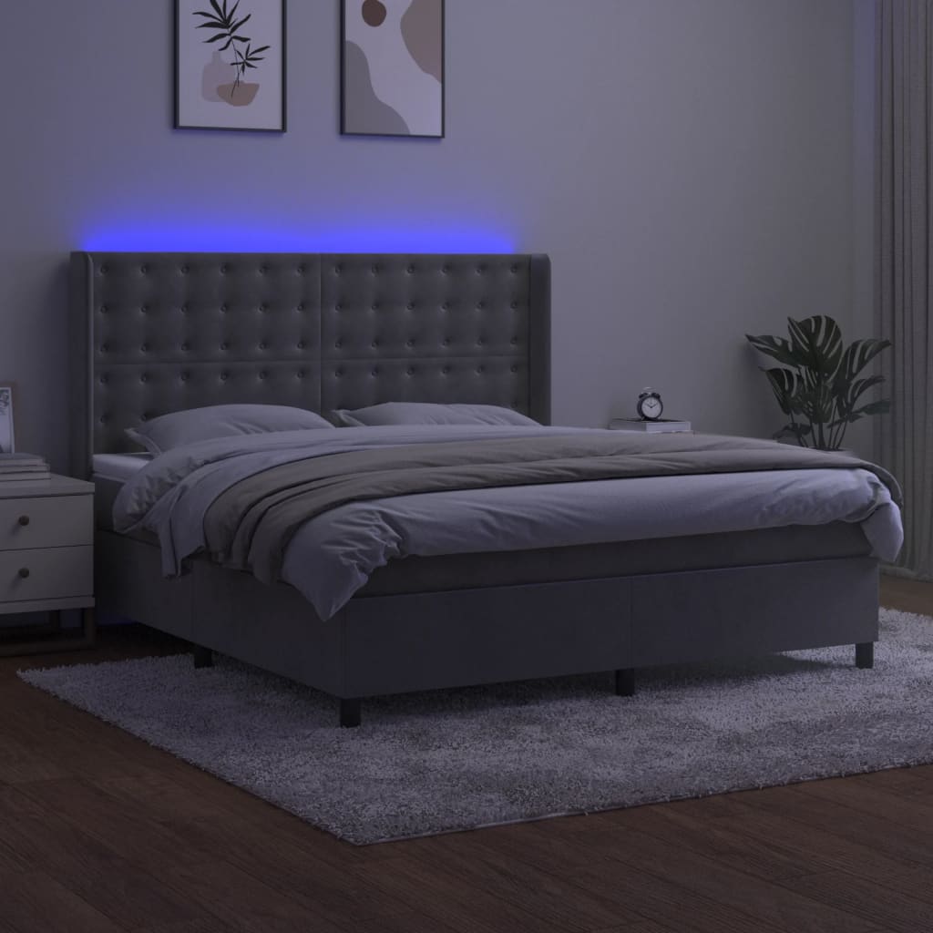 Boxspring Met Matras En Led Fluweel Lichtgrijs 180X200 Cm 180 x 200 cm Knopen