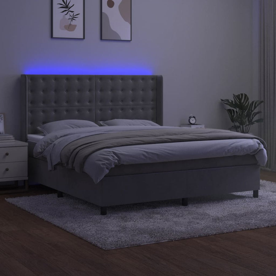 Boxspring Met Matras En Led Fluweel Lichtgrijs 180X200 Cm 180 x 200 cm Knopen
