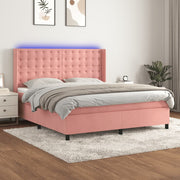 Box spring bed with mattress and LED velvet pink 180x200 cm