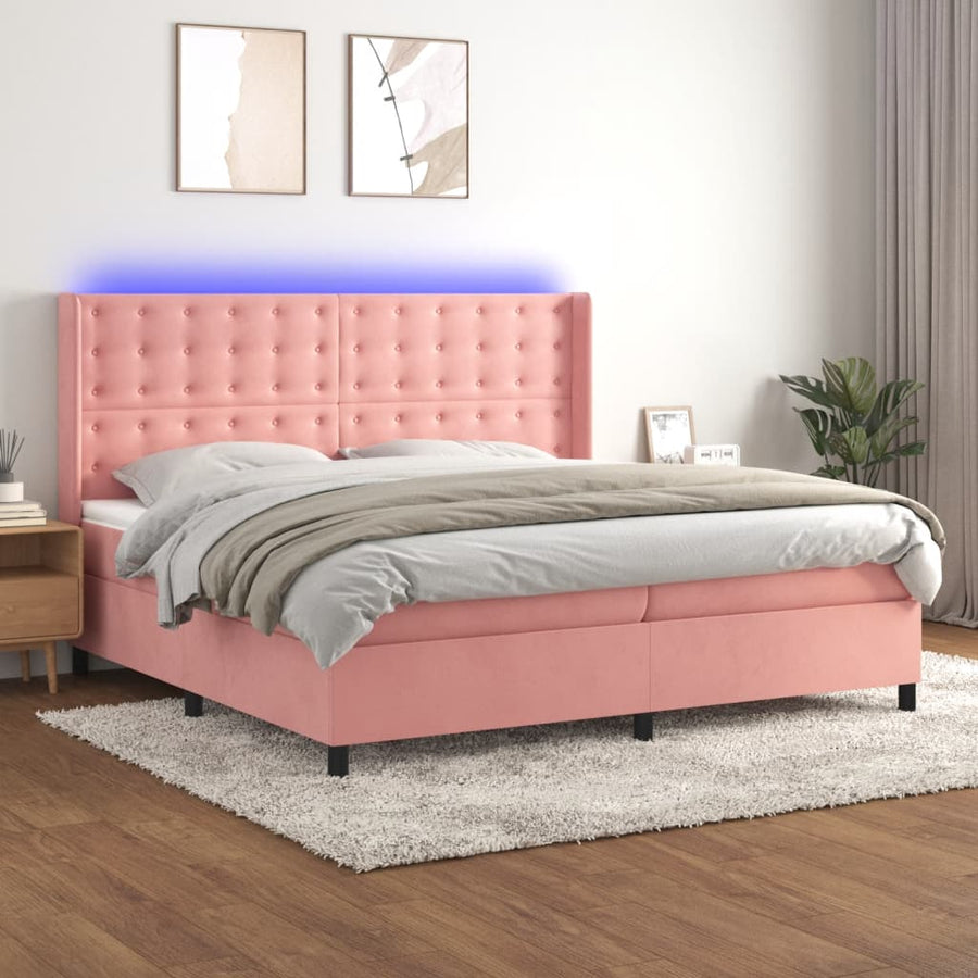 Boxspring Met Matras En Led Fluweel Roze 200 x 200 cm Knopen