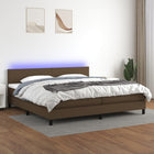 Box spring with mattress and dark brown LED fabric 200x200 cm