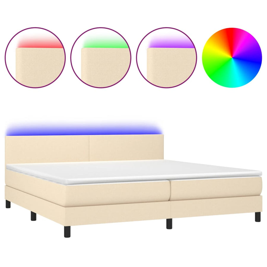 Boxspring met matras en LED stof crèmekleurig 200x200 cm 200 x 200 cm Effen ontwerp
