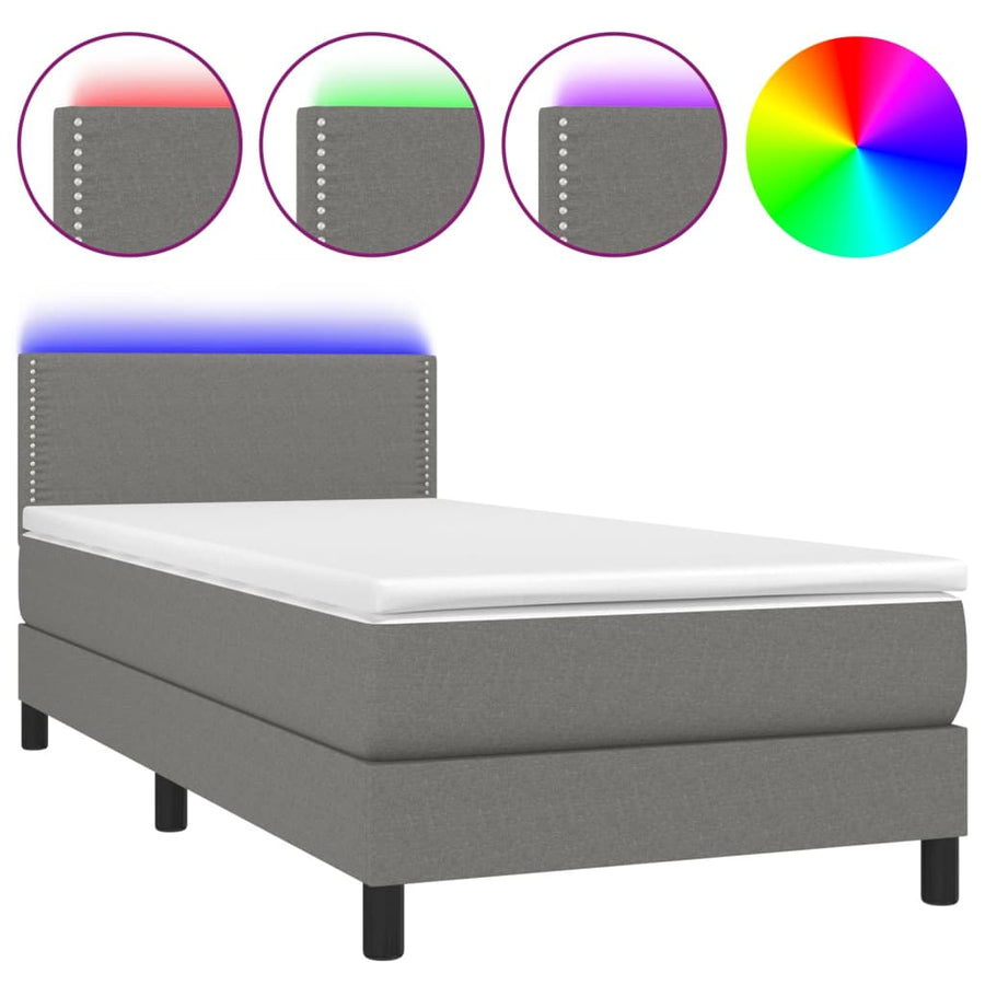 Boxspring Met Matras En Led Stof Donkergrijs 90 x 200 cm Effen met spijkers