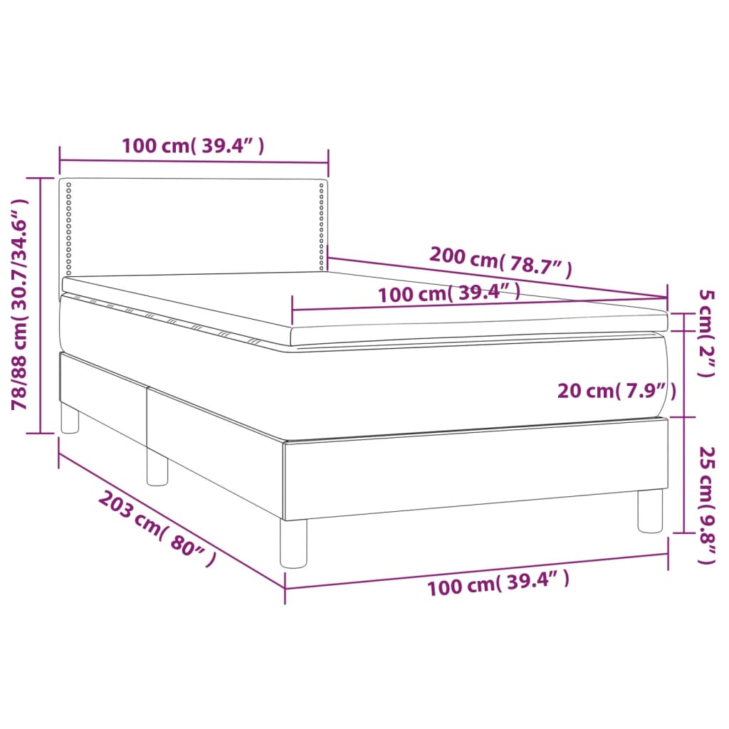 Boxspring Met Matras En Led Stof Donkergrijs 100 x 200 cm Effen met spijkers