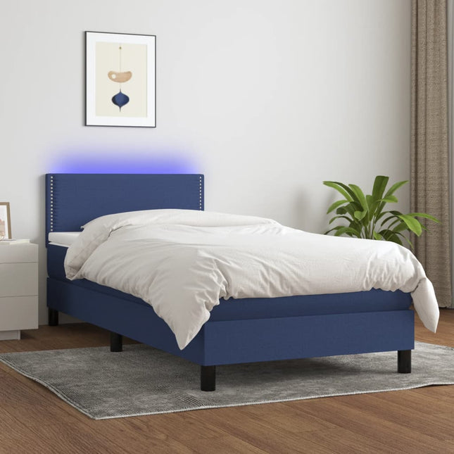 Boxspring Met Matras En Led Stof Blauw 100 x 200 cm Effen met spijkers