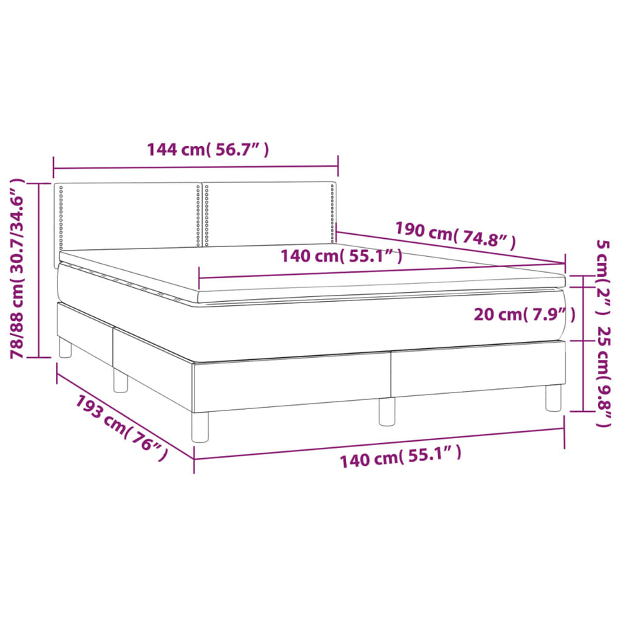 Boxspring Met Matras En Led Stof Zwart 140 x 190 cm Effen met spijkers