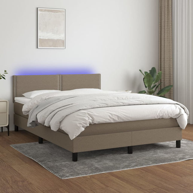 Boxspring met matras en LED stof taupe 140x190 cm 140 x 190 cm Effen met spijkers