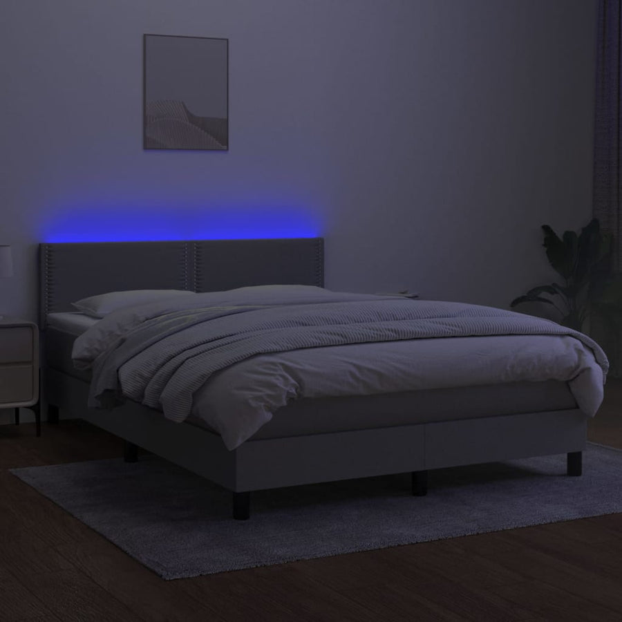 Boxspring Met Matras En Led Stof Lichtgrijs 140 x 200 cm Effen met spijkers