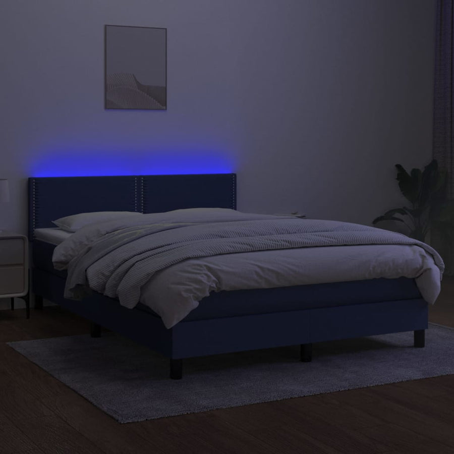 Boxspring Met Matras En Led Stof Blauw 140 x 200 cm Effen met spijkers