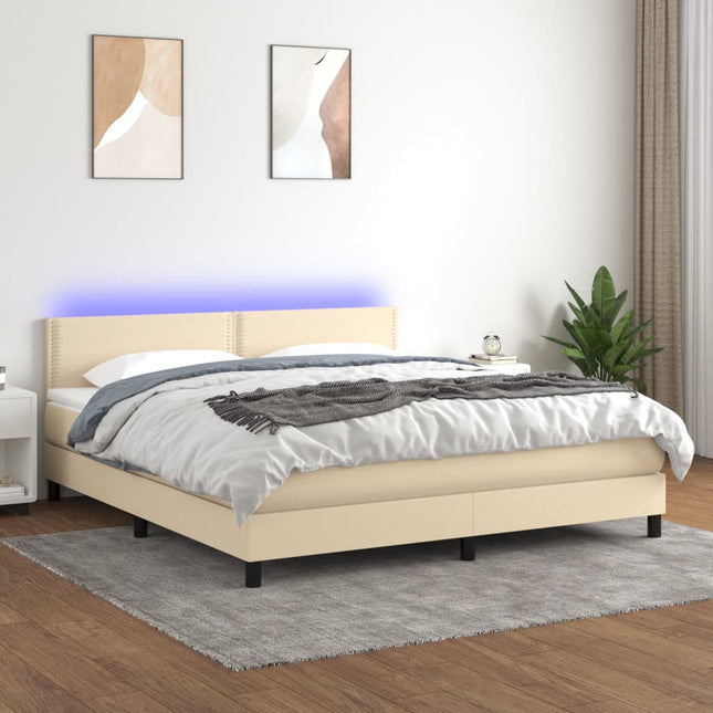 Boxspring Met Matras En Led Stof Kleurig Crème 160 x 200 cm Effen met spijkers