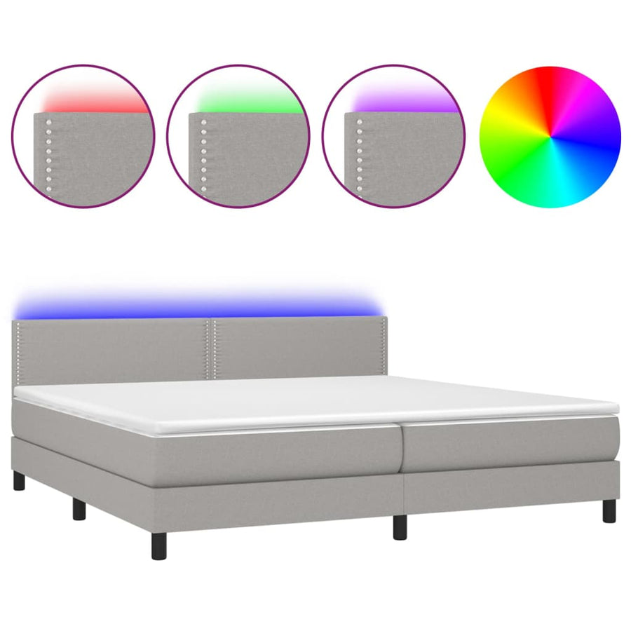 Boxspring Met Matras En Led Stof Lichtgrijs 200 x 200 cm Effen met spijkers