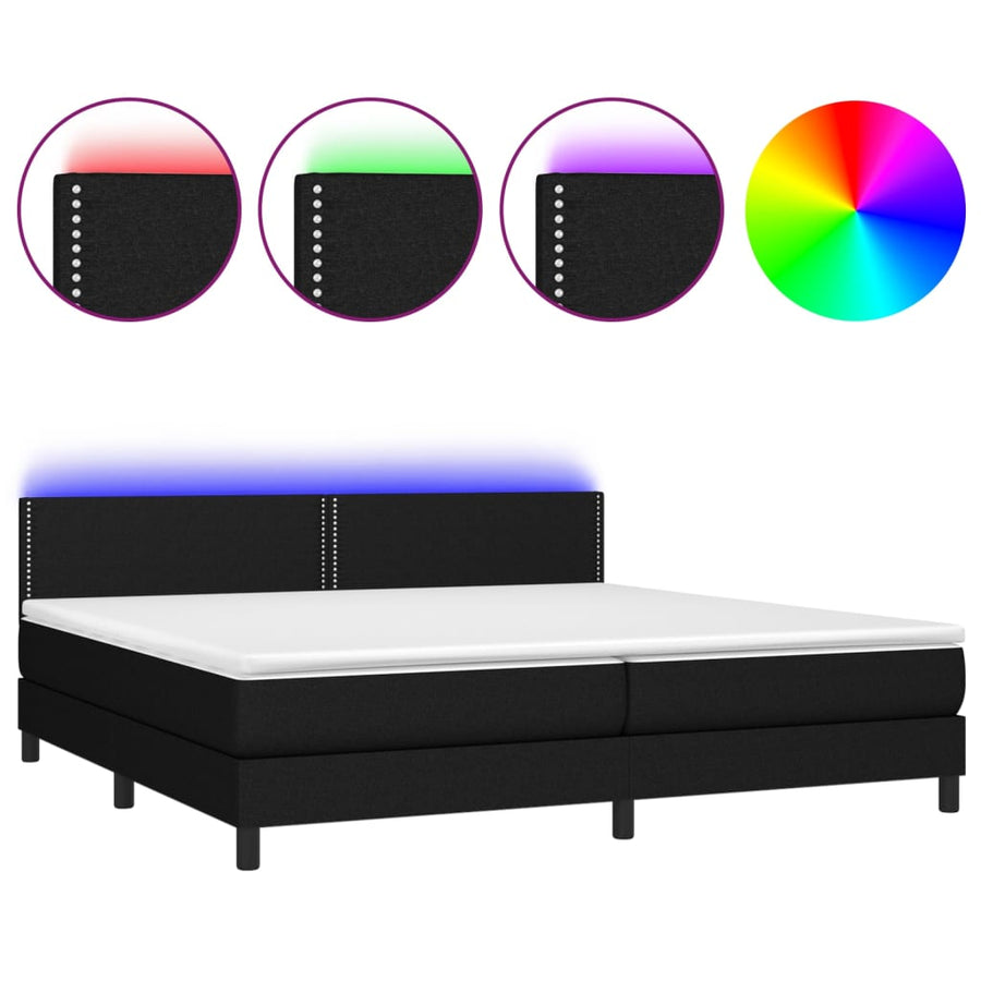 Boxspring Met Matras En Led Stof Zwart 200 x 200 cm Effen met spijkers