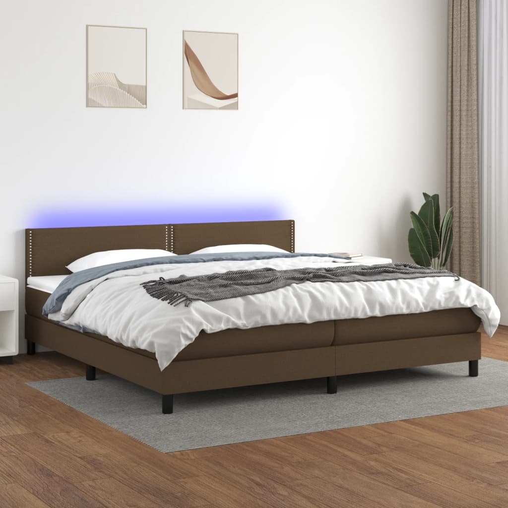 Boxspring Met Matras En Led Stof Donkerbruin 200 x 200 cm Effen met spijkers