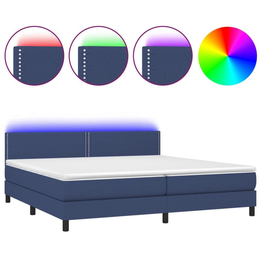 Boxspring Met Matras En Led Stof Blauw 200 x 200 cm Effen met spijkers