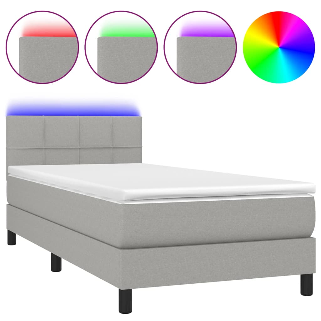 Boxspring Met Matras En Led Stof Lichtgrijs 90 x 200 cm Blok met vierkanten