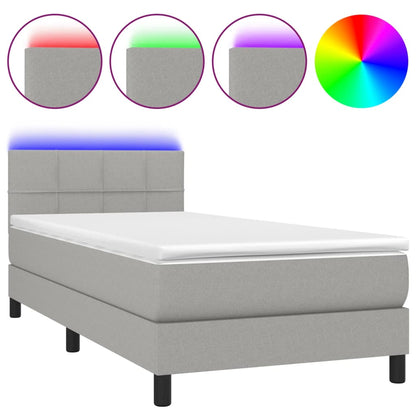 Boxspring Met Matras En Led Stof Lichtgrijs 90 x 200 cm Blok met vierkanten