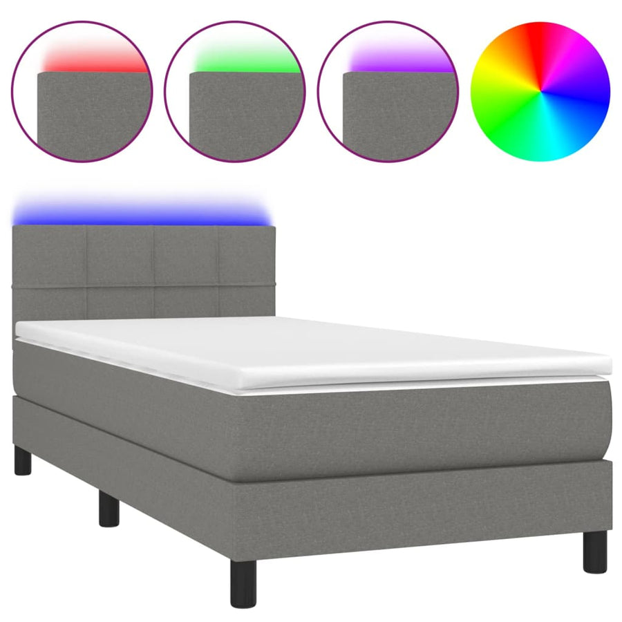 Boxspring Met Matras En Led Stof Donkergrijs 90 x 200 cm Blok met vierkanten