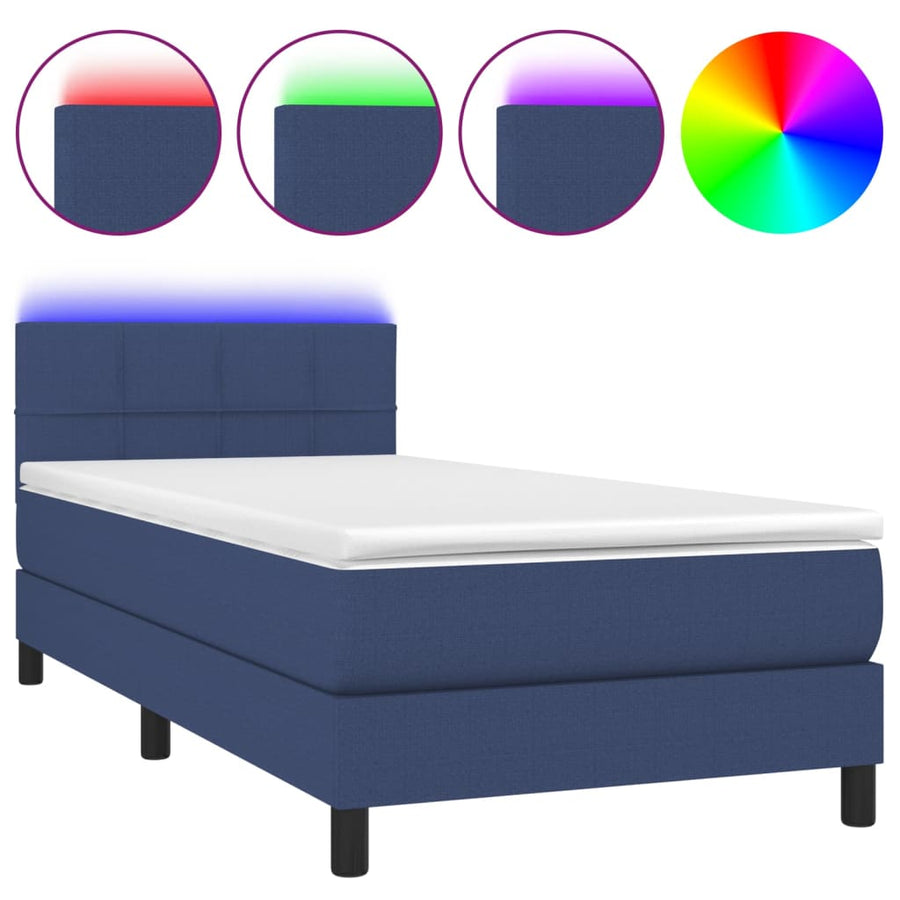 Boxspring Met Matras En Led Stof Blauw 90 x 200 cm Blok met vierkanten
