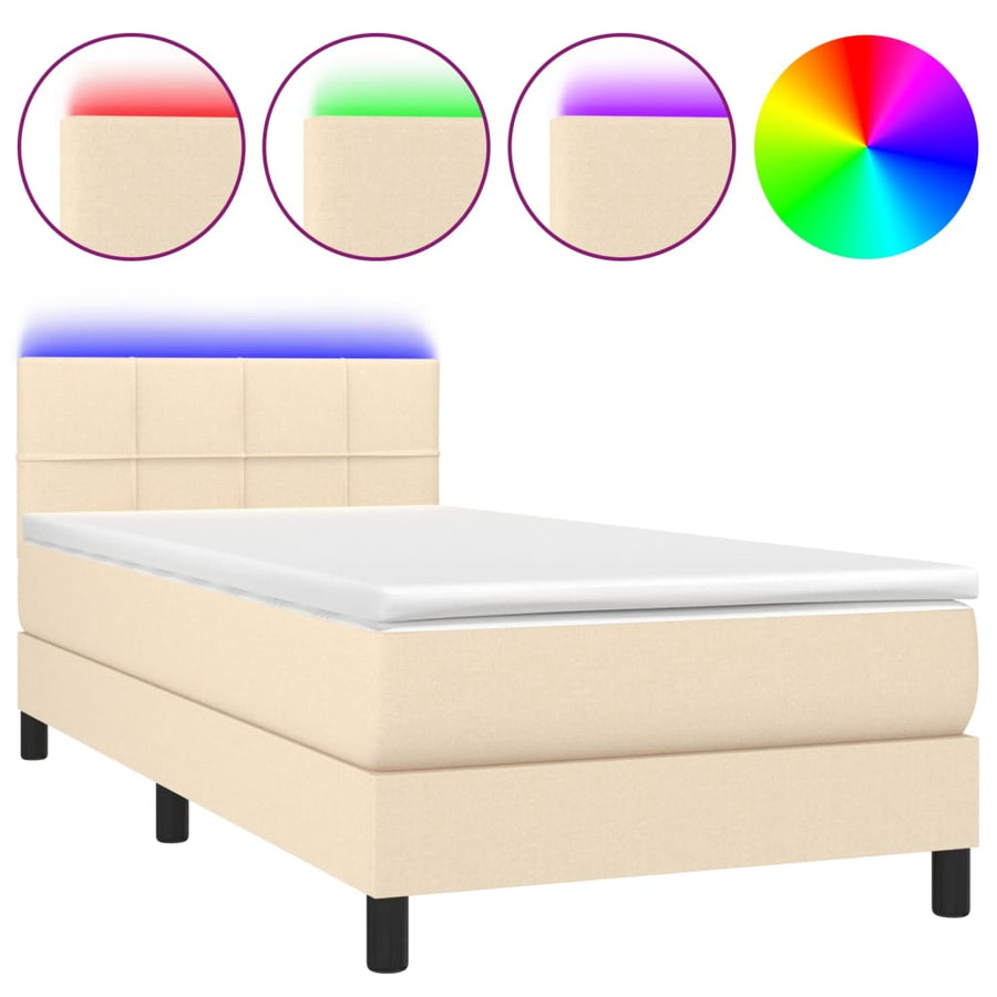 Boxspring Met Matras En Led Stof Kleurig Crème 100 x 200 cm Blok met vierkanten