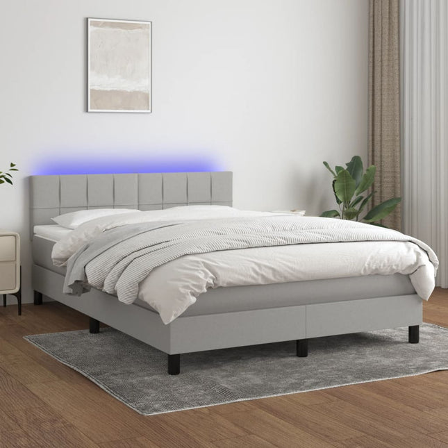 Boxspring Met Matras En Led Stof Lichtgrijs 140 x 190 cm Blok met vierkanten