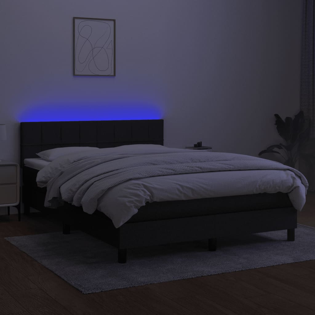Boxspring Met Matras En Led Stof Zwart 140 x 190 cm Blok met vierkanten