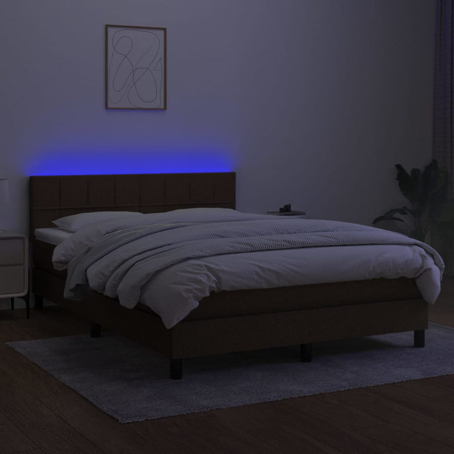 Boxspring Met Matras En Led Stof Donkerbruin 140 x 190 cm Blok met vierkanten